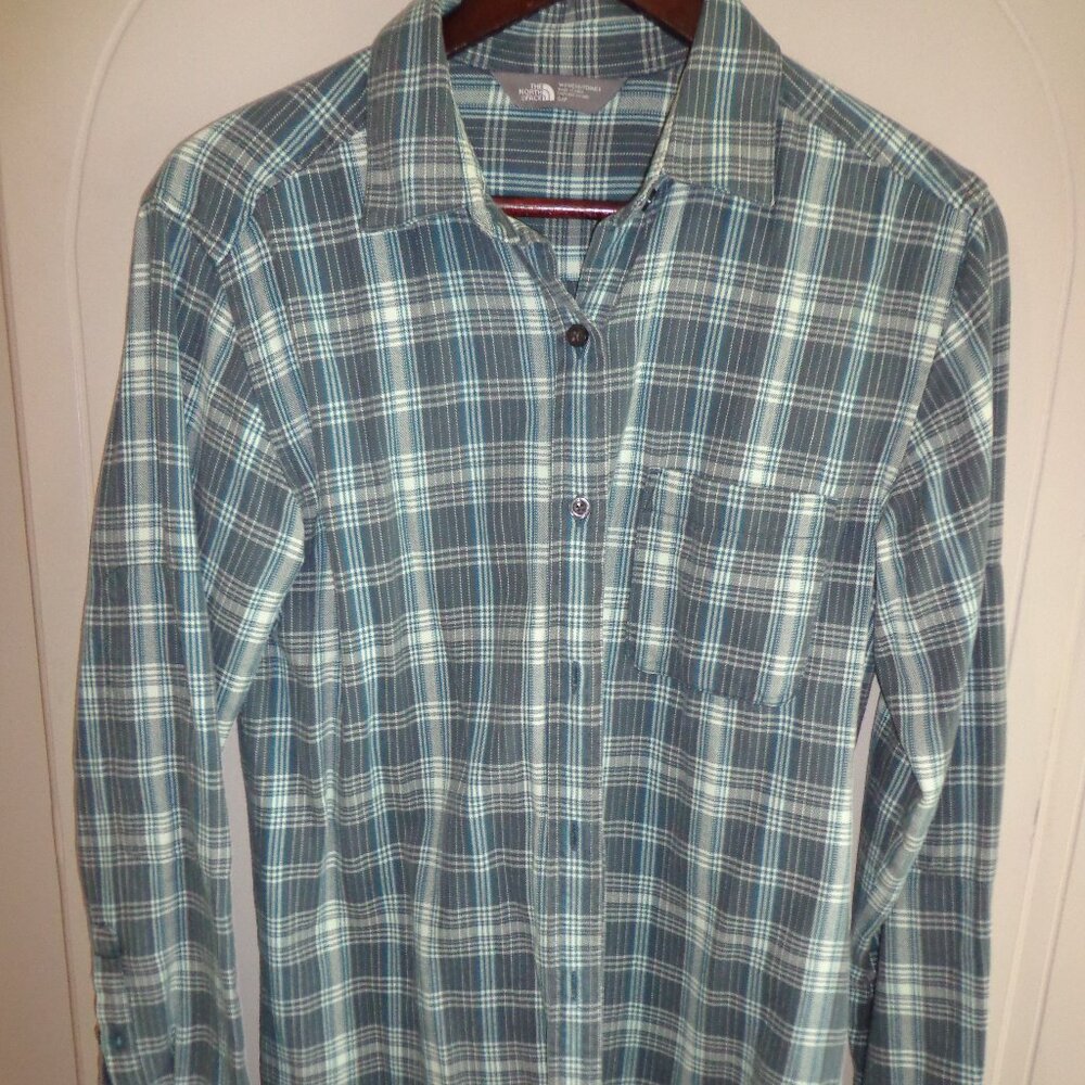 The North Face Plaid Flannel Shirt S/P Gray/Teal/Tinted White Button Down